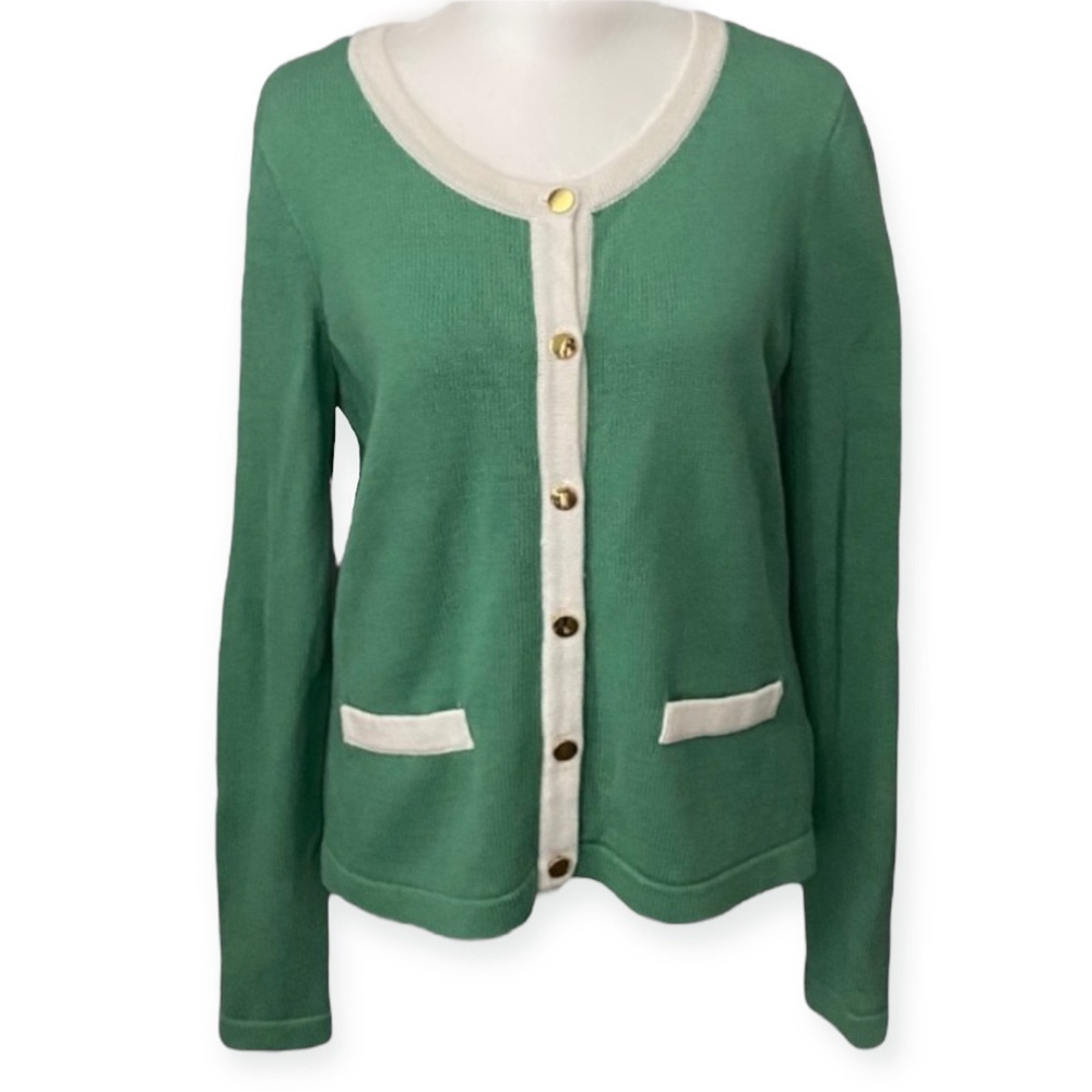 H&M Green & White Trim Sweater Cardigan w/ Gold Buttons size women's small S